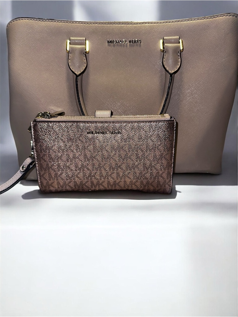 Michael Kors Taupe Tote with Large Double Zip Wristlet Wallet Rose Gold Classic